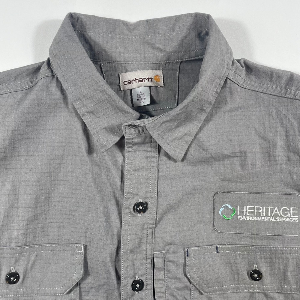 Carhartt Button Down Mens L Ripstop Short Sleeve Heritage Logo Gray